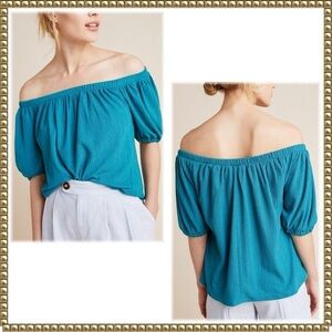 Anthropologie Elodie Turquoise Puff Sleeve Off Shoulder Top Large